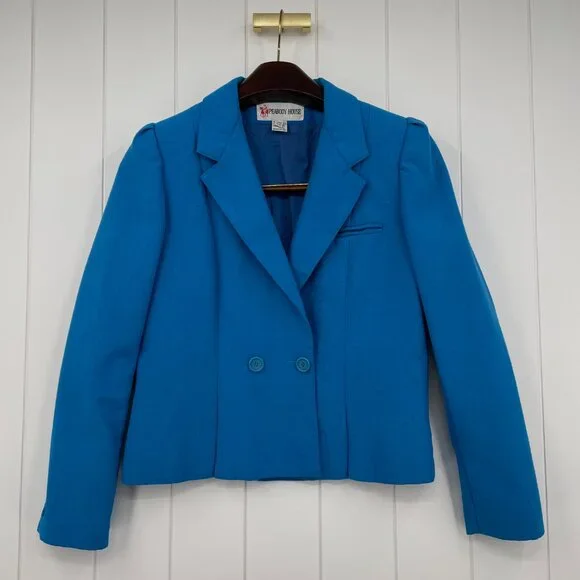 Vintage 80s 90s Bright Teal Blue Boxy Double Breasted Blazer Peabody House M - Picture 3 of 15